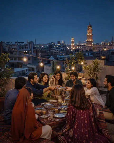 Friends sharing dinner on a Lahore rooftop