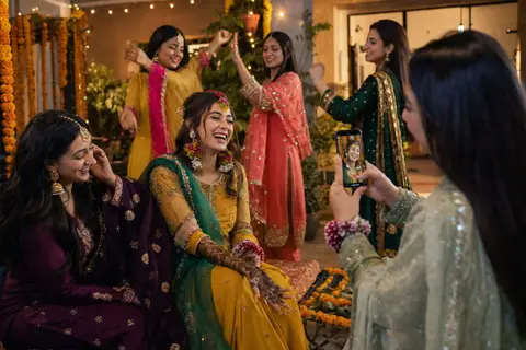 Friends celebrating together at a mehndi